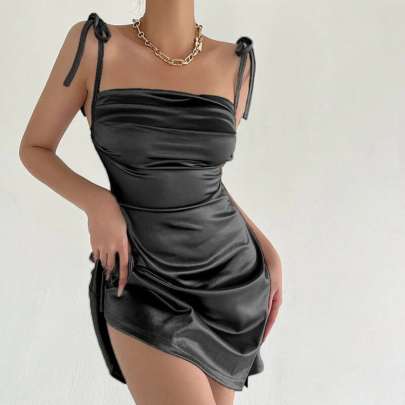 Ruched Satin Strap Lace Up Bodycon Sexy Party Nightclub Elegant Dresses for Women Fashion Backless Mini Dress 2022Summer Clothes