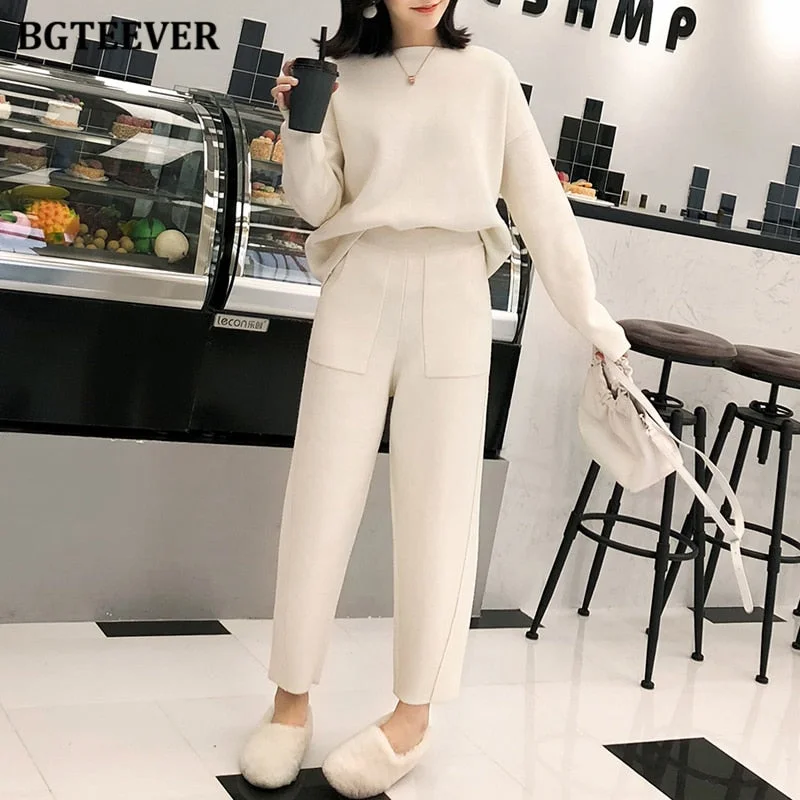 BGTEEVER 2021 Winter Casual Thick Sweater Tracksuits O-neck  Jumpers & Elastic Waist Pants Suit Female Knitted 2 Pieces Set