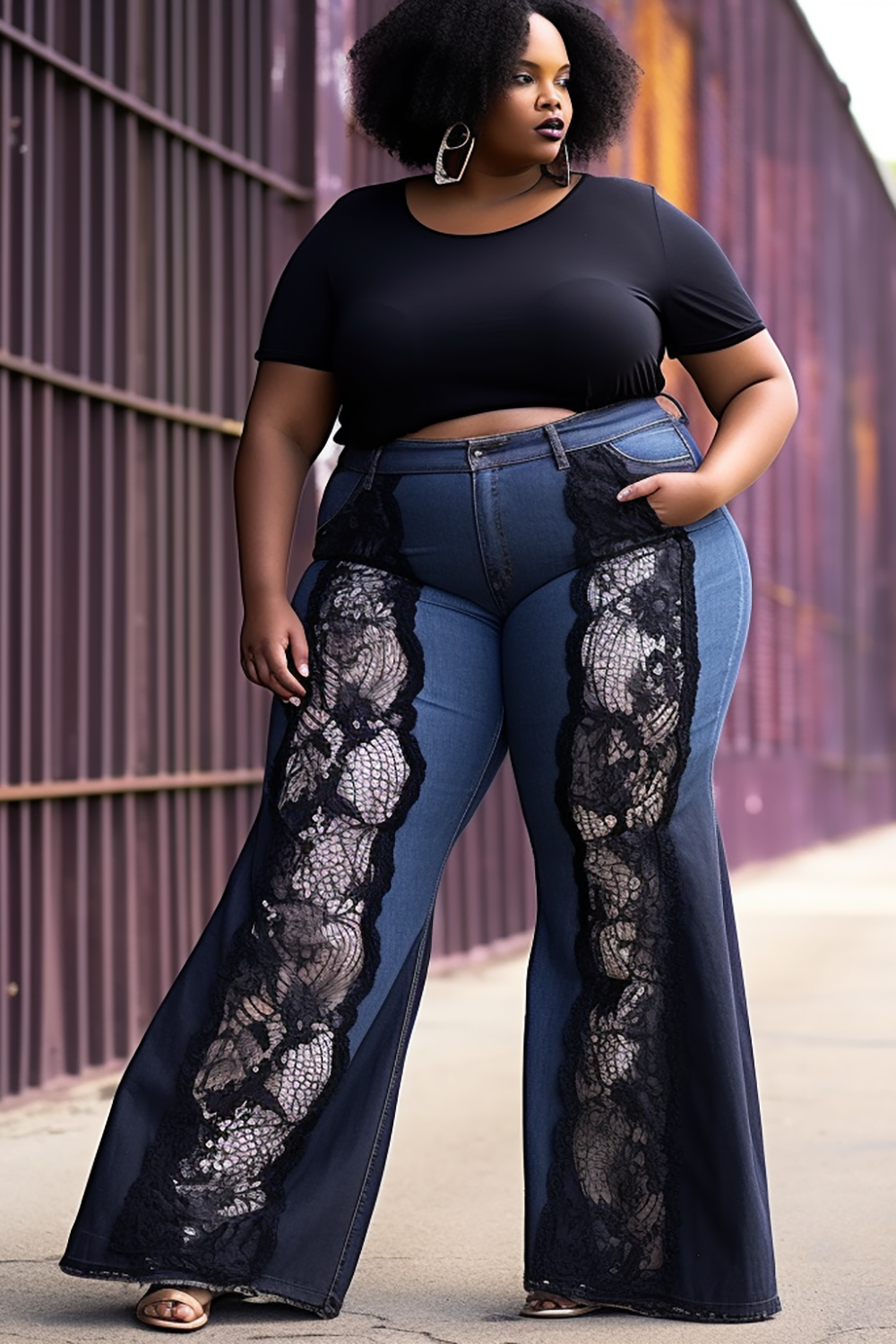 Design Plus Size Daily Blue Contrast Lace Denim Jeans [Pre-Order]