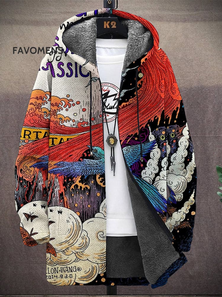 Men&rsquo;s Art Japanese Style Eagle Print Hooded Two-Pocket Fleece Cardigan Jacket Jacket(A) / Photo