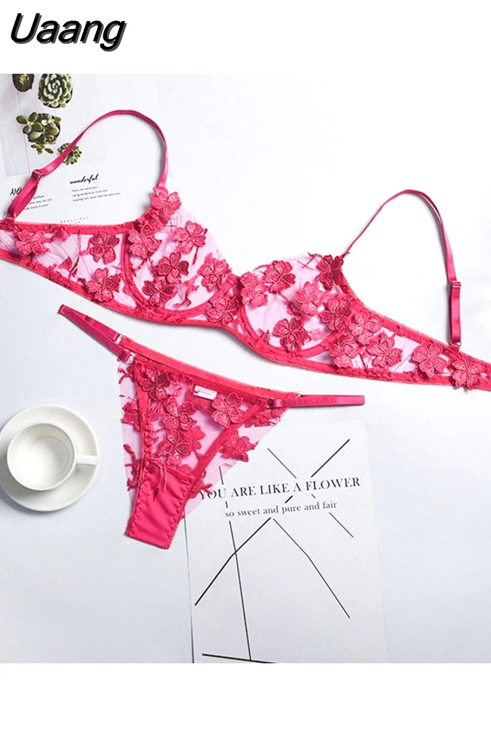 Uaang Sensual Lingerie Set Women 3d Flower Embroidery Underwear Set Ladies Sexy Lace Intimate