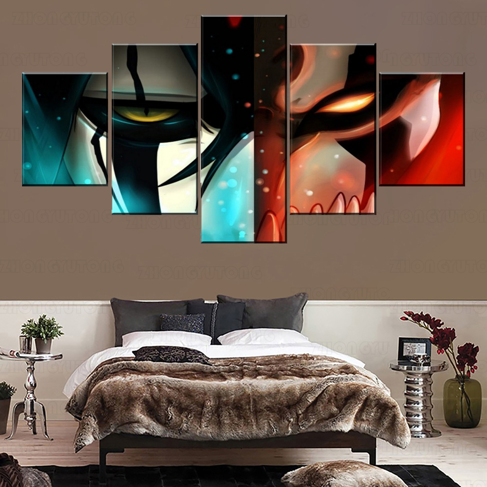 Cotton Tshirt Modular Picture Modern Home Wall Decor 5 Panel Ichigo Kurosaki And Ulquiorra Cifer Painting Canvas Art Print Anime Bleach Poster t -shirt Tee