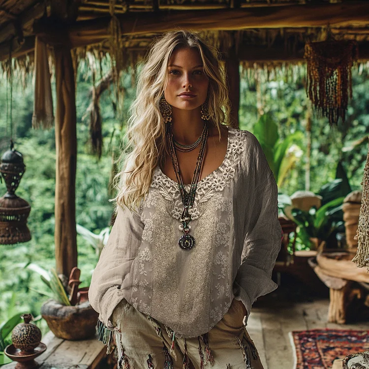 Retro Bohemian Floral Lace Patchwork Art Cotton And Linen Blend Loose Blouse