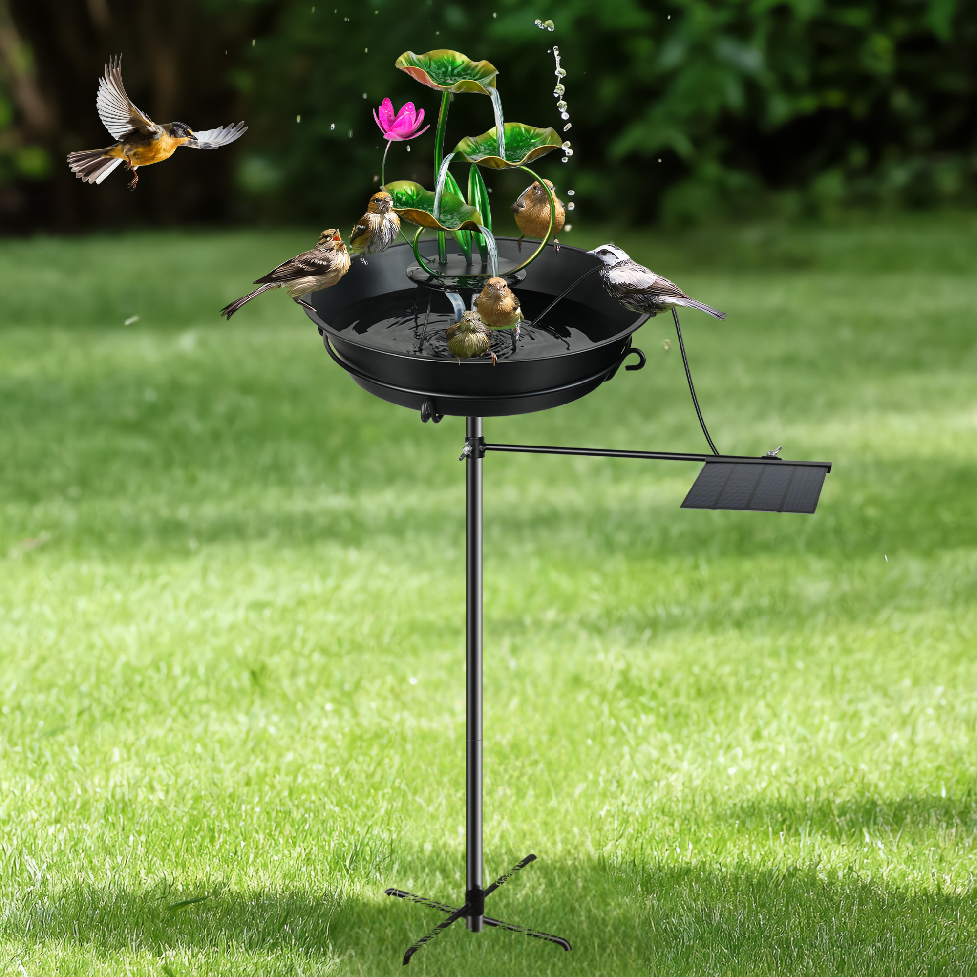 LUJII Solar Bird Bath with Flowing Water Fountains for Outdoors, Removable 3-Tier Lotus Waterfall Fountain with Suction Cups, Soothing Sound, Built-in Pump & Solar Panel, Rustproof Metal Birdbath