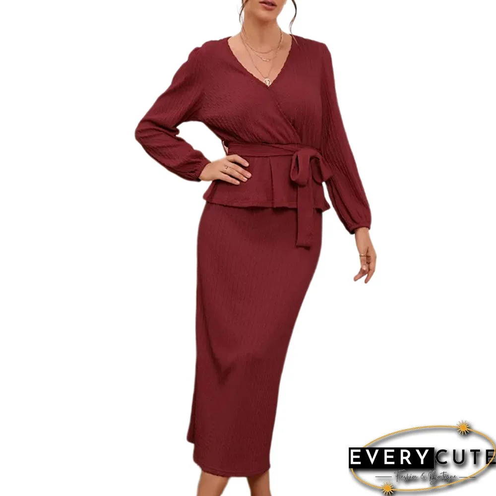 Burgundy Knitted V Neck Long Sleeve and Midi Skirt Set