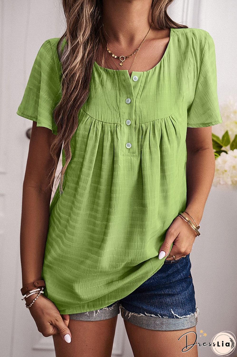 Quarter-Button Round Neck Short Sleeve Top