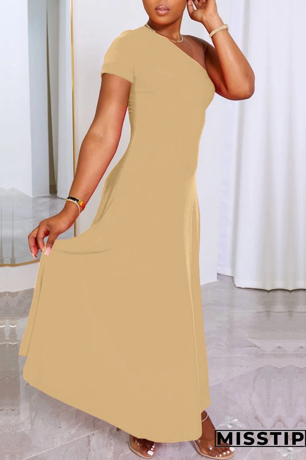 Khaki Casual Solid Patchwork Oblique Collar A Line Dresses