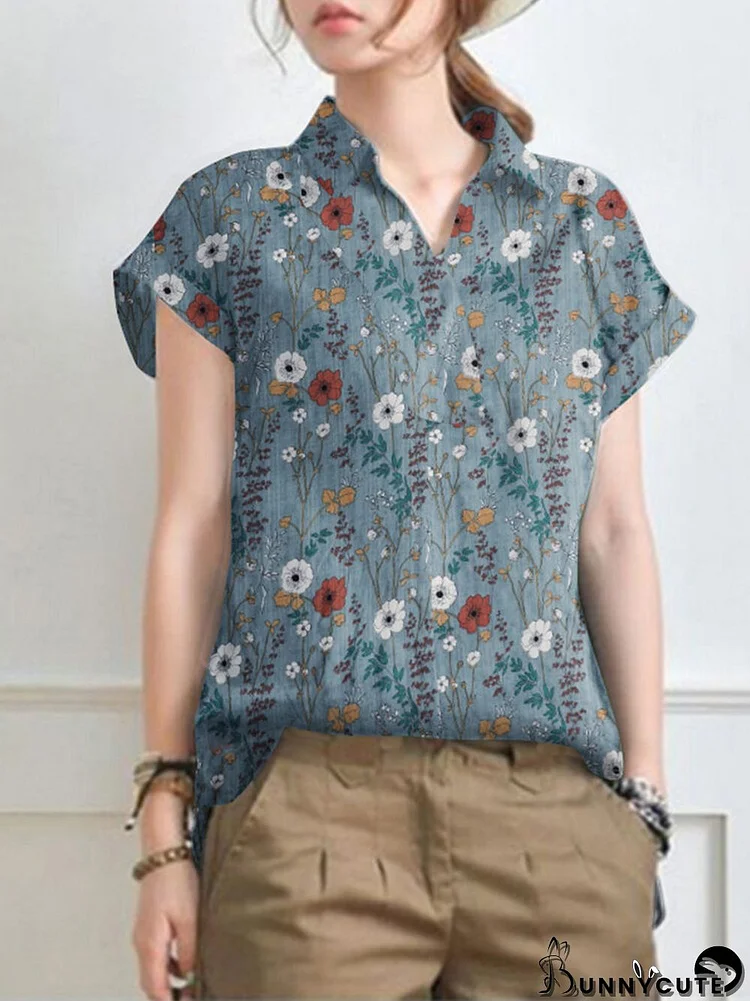 Abstract Pattern Floral Print Short Sleeve Lapel Blouse