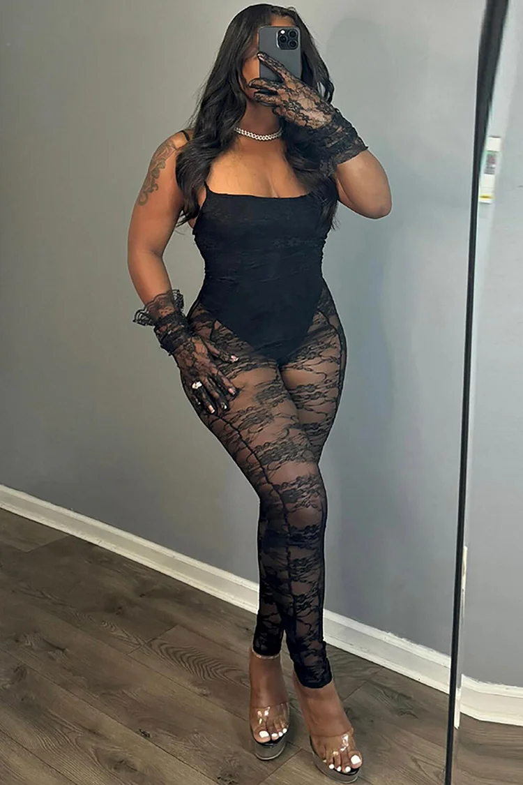 Lace Boat Neck See Through Slim Fit Cami Jumpsuit-Black
