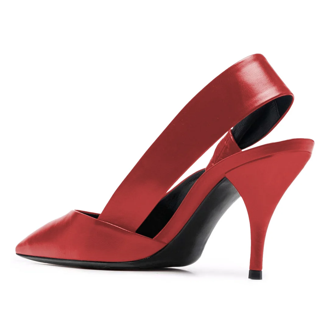 Vegan Leather Pointed Toe Knot Decor Slingback Heels in Red