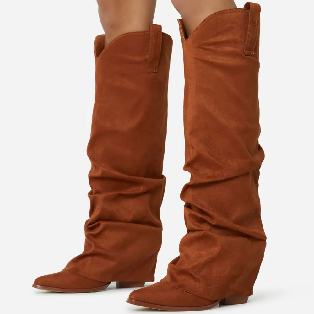 Brown Vegan Suede Chunky Heel Pleated Fold Over Cowgirl Boots Nicepairs