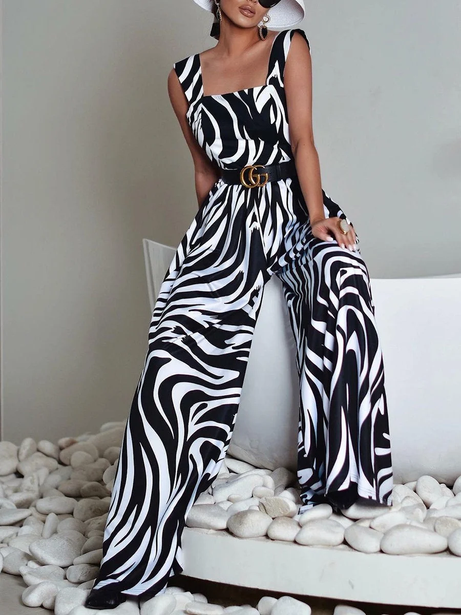Stylish zebra print wide-leg jumpsuit