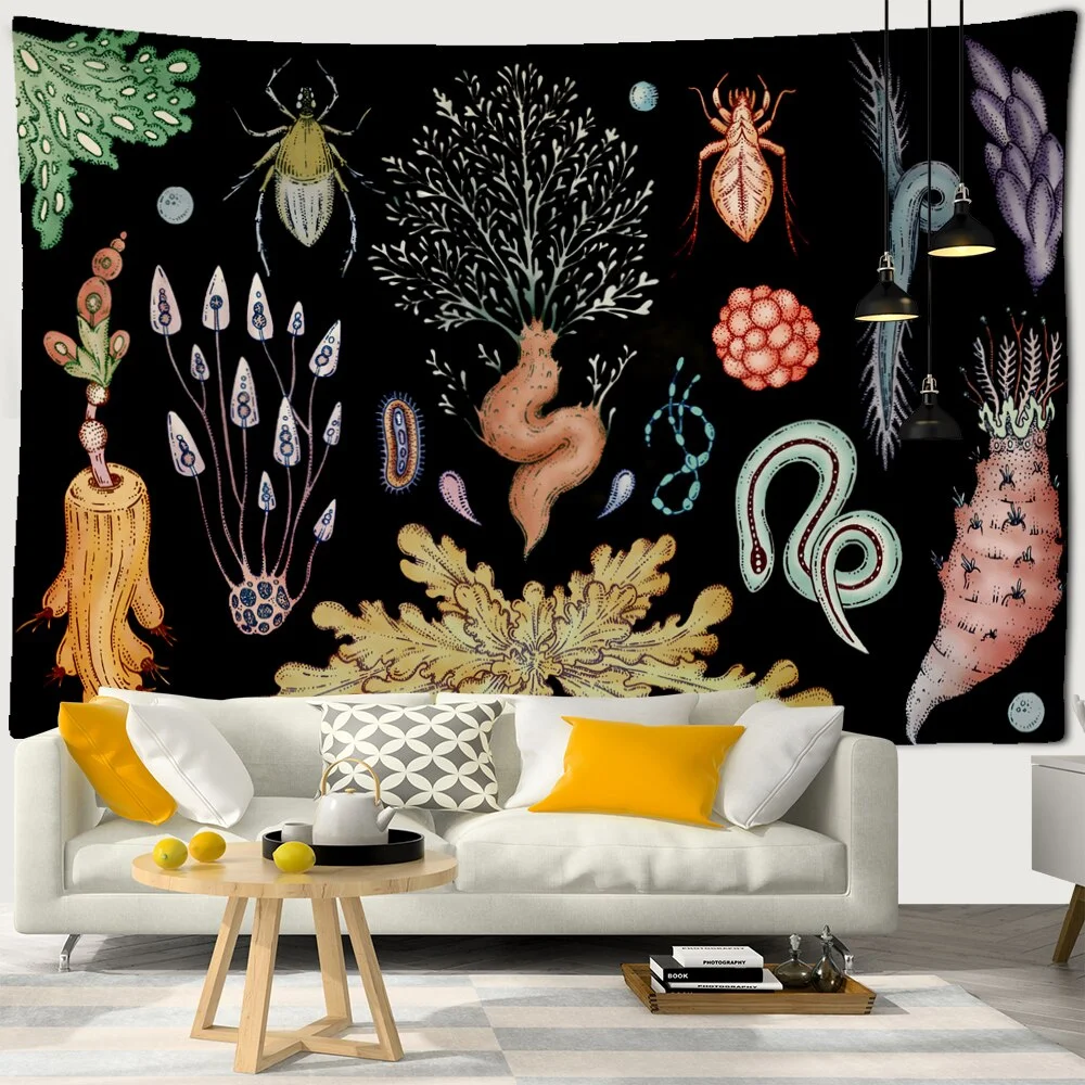 Plant Cactus Tapestry Wall Hanging Psychedelic Witchcraft Moon Starry Sky Mushroom Illustration Hippie Boho Style Home Decor