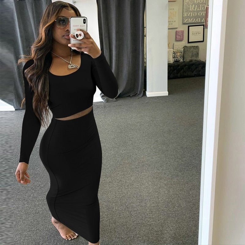wsevypo Autumn Women Two-piece Clothes Set Solid Color Long Sleeve Pullover Crop Tops and High Waist Maxi Bodycon Skirts