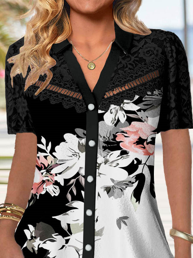 Women's Short Sleeve V-neck Floral Printed Lace Stitching Tops