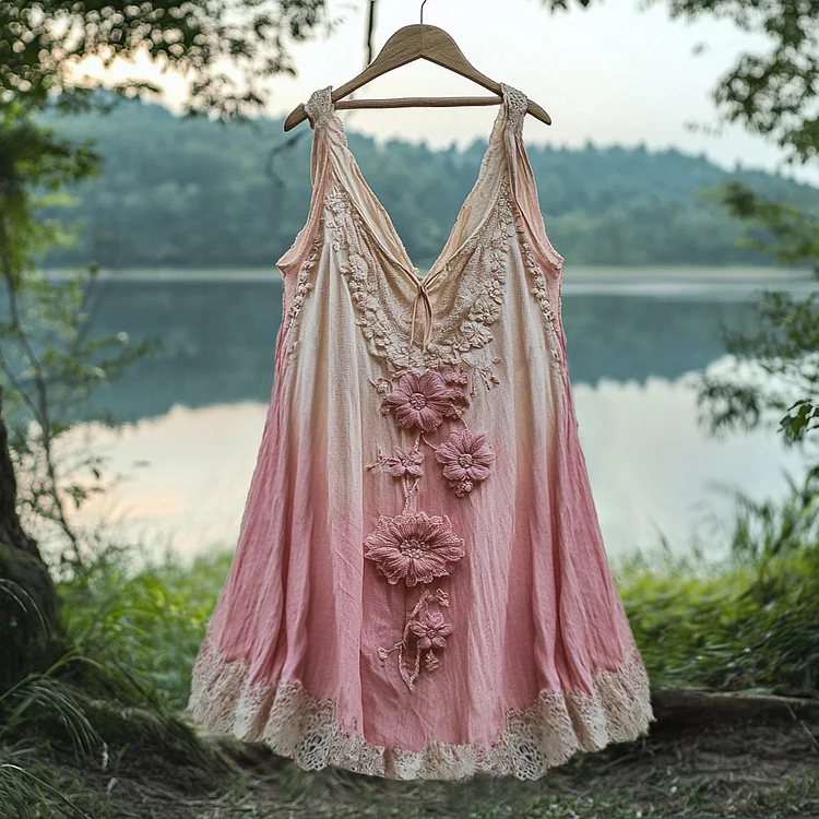 Retro Gradient Japanese Sakura Embroidered Art Lace Linen Tank Top