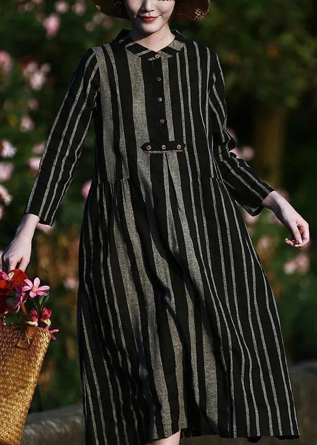 Elegant o neck linen spring clothes For Women pattern black striped Dresses