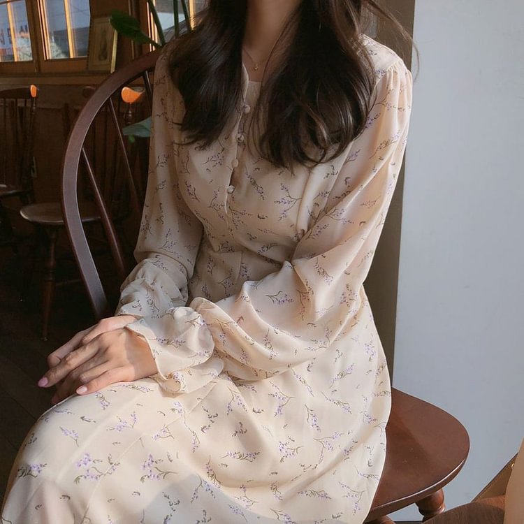 Long-Sleeve V-Neck Floral Print Midi Chiffon Dress YP3752