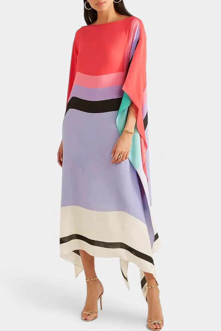 Graphic Caftan Dress with Flowing Cape Sleeves