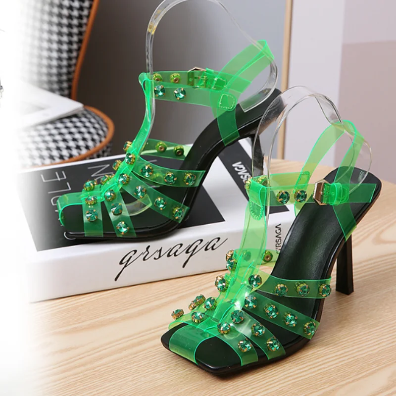 Qengg Summer New Sexy Ladies Sandals Fashion High Heel Party Women's Shoes Hollowed out Rhinestone Transparent Crystal Big Size