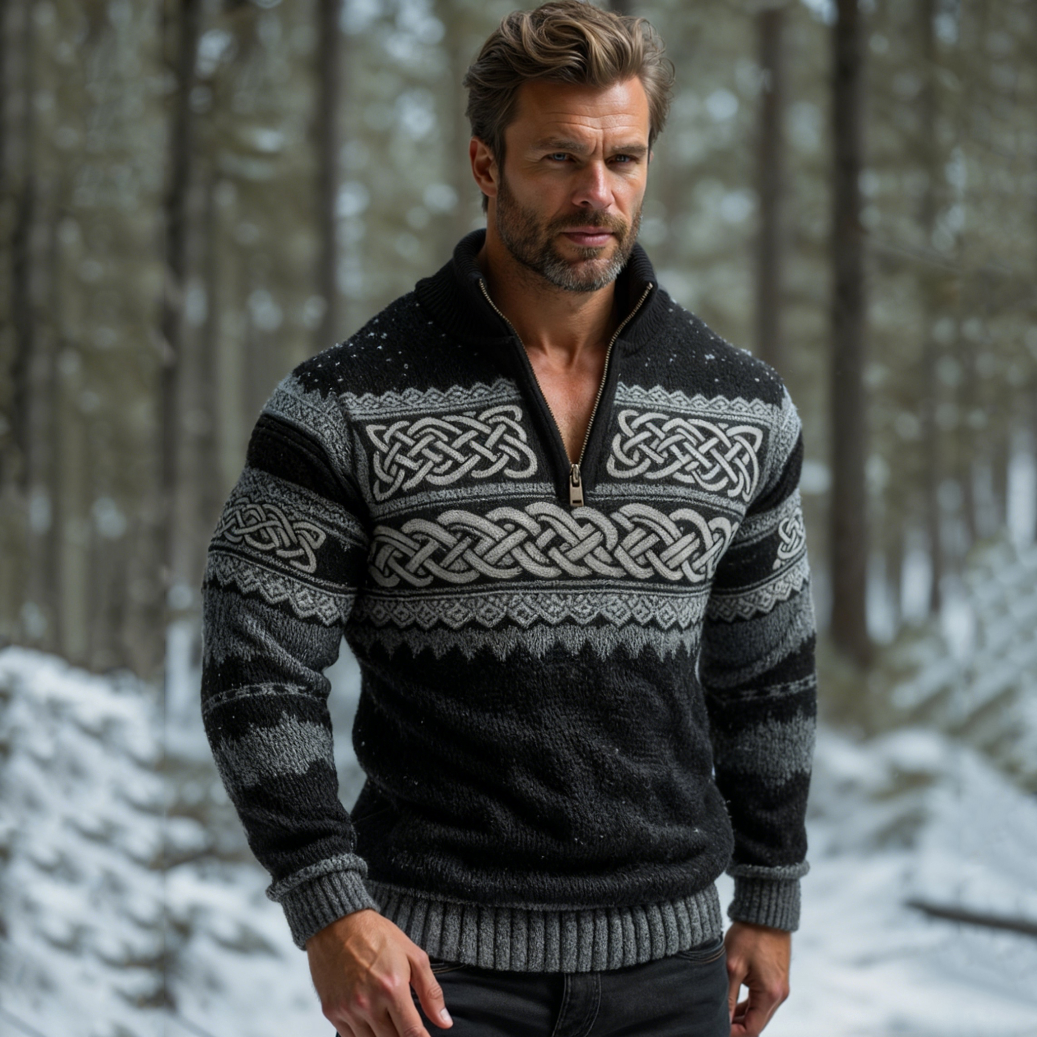 Men's Viking Celtic Knot Pattern Knit Half Zipped Sweater elevenforest