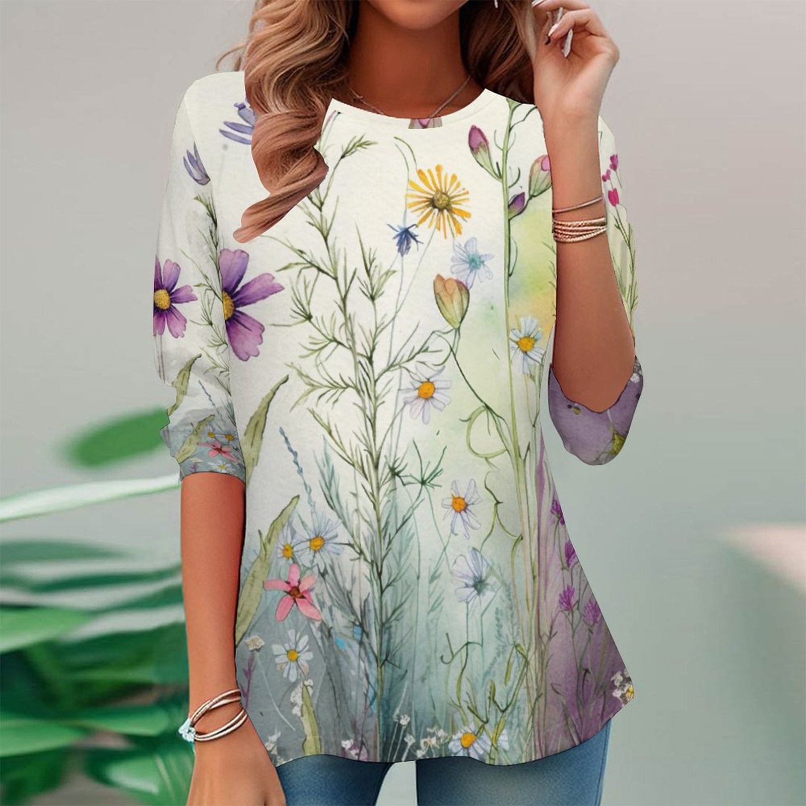 Women Long Sleeve V-neck Graphic Floral Printed Top
