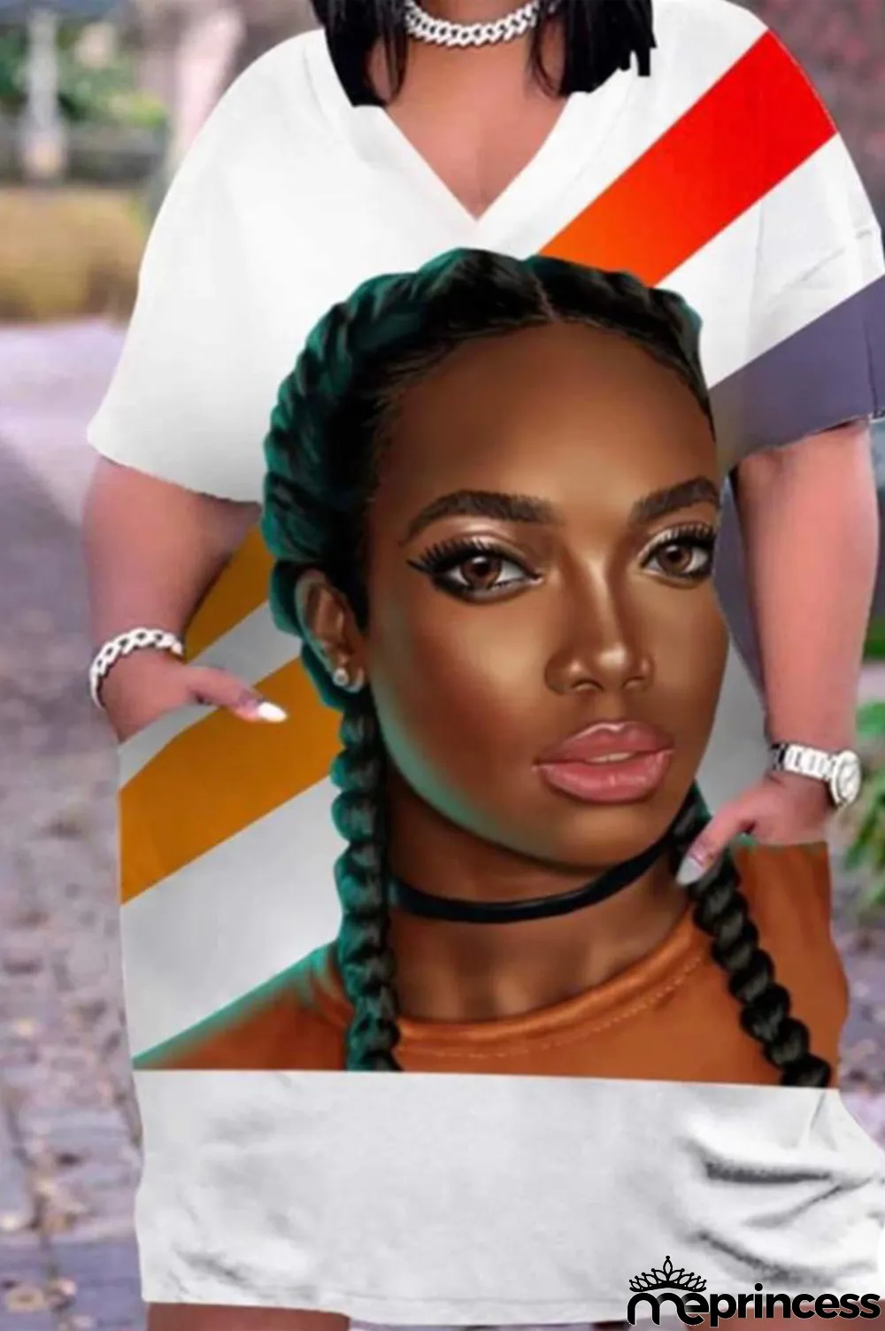 Black Gold Fashion Casual Print Basic V Neck Short Sleeve Dress