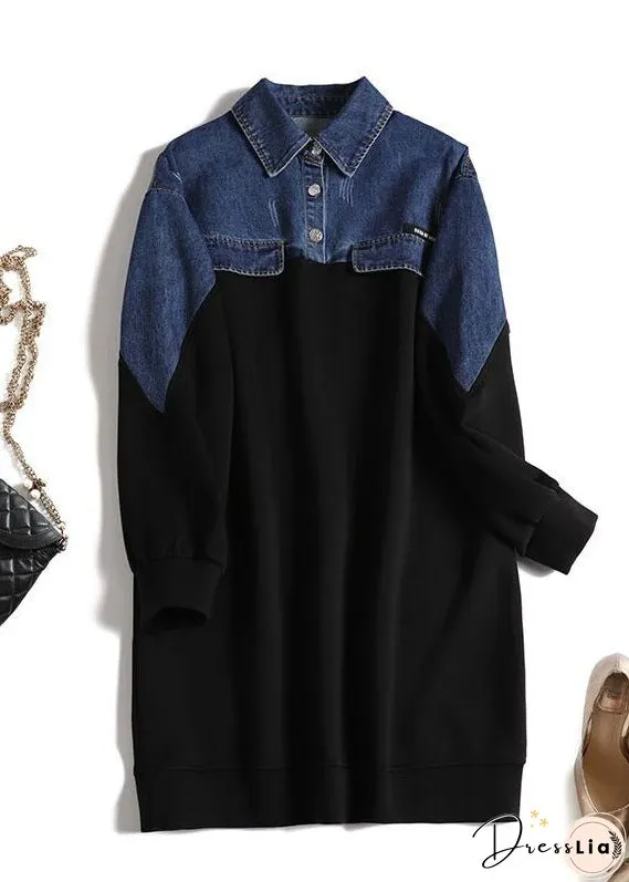Organic Black Peter Pan Collar Denim Patchwork Button Maxi Dress Long Sleeve