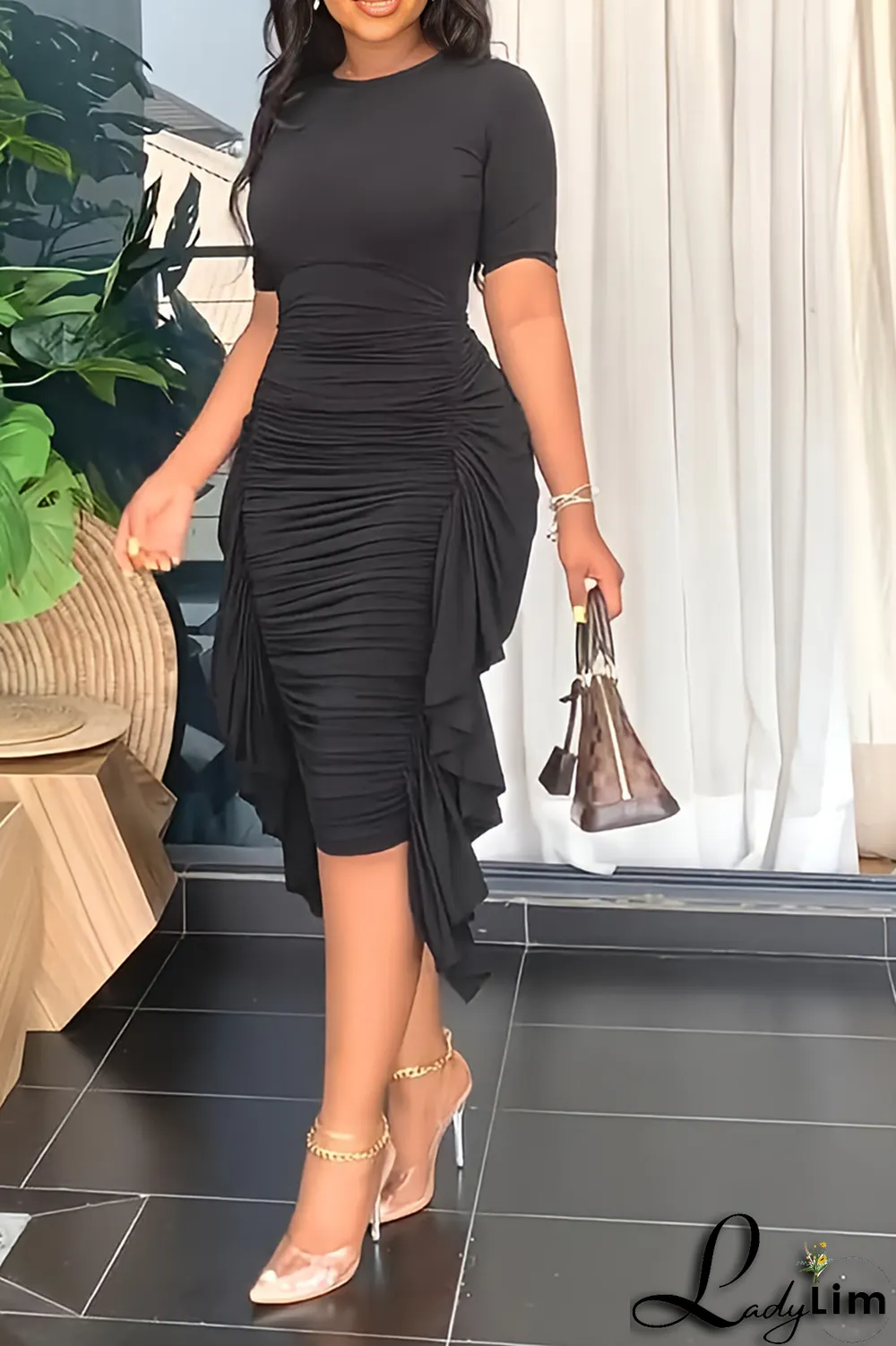 Yellow Fashion Solid Flounce Fold O Neck Pencil Skirt Dresses