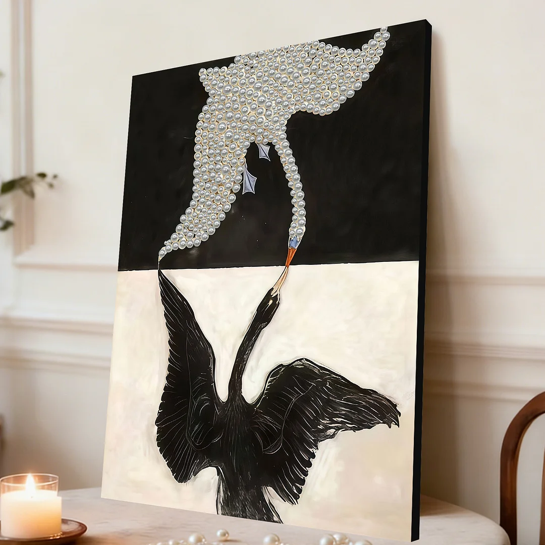 Black And White Swans - DIY Pearl Diamond Art Kit With Frame 30*40cm