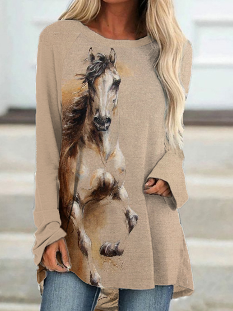  Western Galloping Horse Print Oversize Long T-Shirt Westsshops