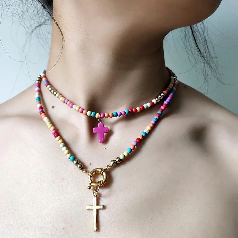 Colorful Beaded Long Cross Pendant Necklace