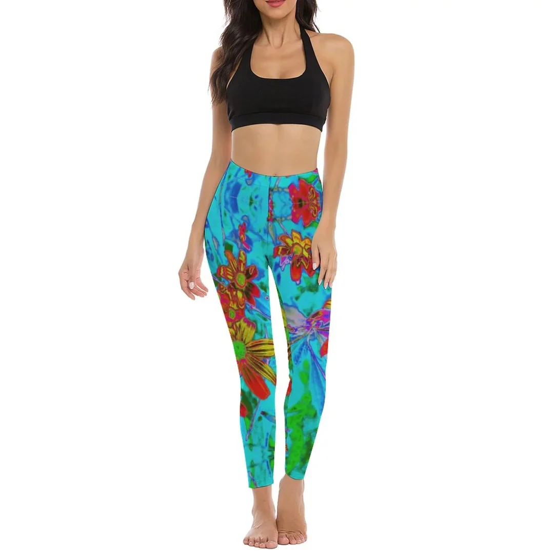 Aqua Tropical with Yellow And Orange Flowers Yoga Pants Women Soft High Waist Workout Leggings