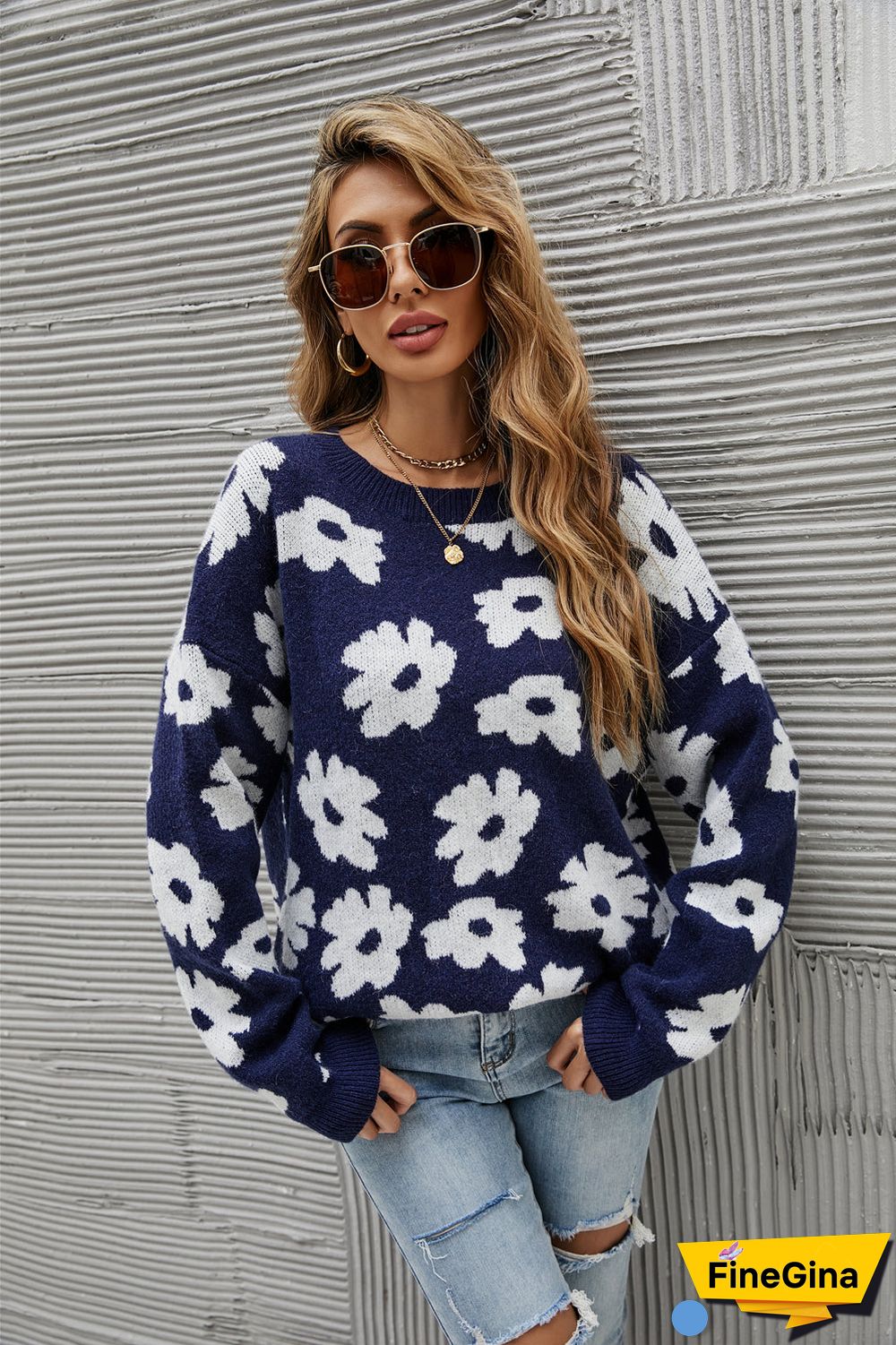 Casual Round Neck Long Sleeve Floral Sweater