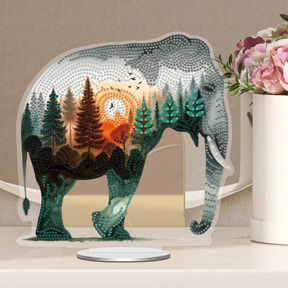 5D DIY Acrylic Elephant Animal Scenery Silhouette Special Shape Diamond Painting Art Tabletop Decorations