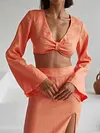 Simple V-Neck Long Sleeve Top&Split-Side Skirt Two-Piece Suit