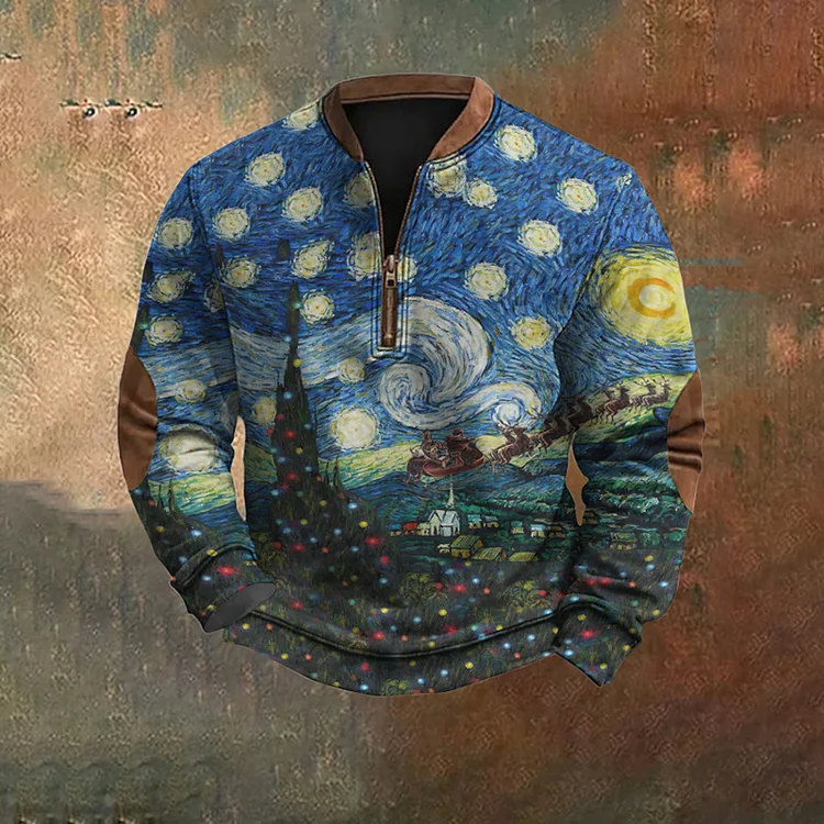 Men's Christmas Starry Night Christmas Tree Santa Claus Elk Art Print Sweatshirt