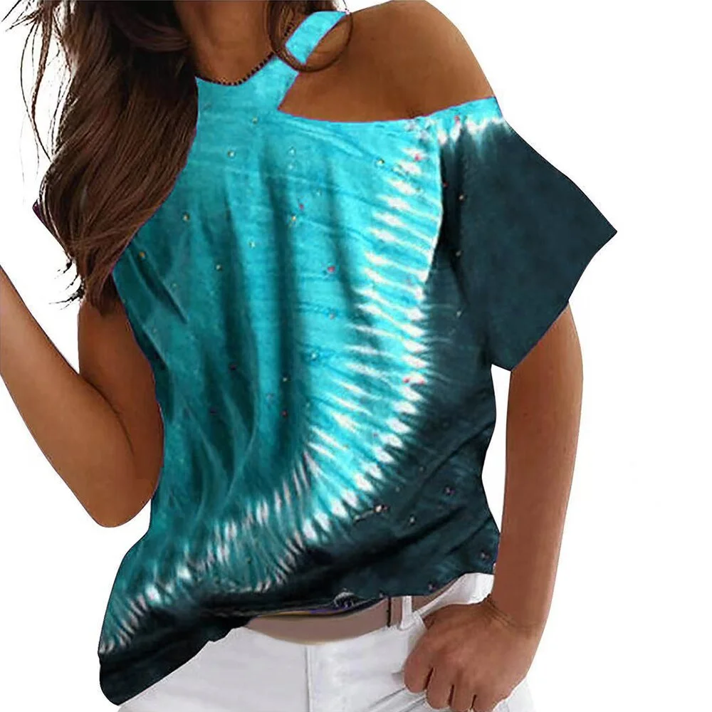 Summer Tie Dye Print Tops Slim Shirt Tshirt Women Ladies T-shirts Female Off-Shoulder 2023 Hollow Out Short Sleeve Clothes D30
