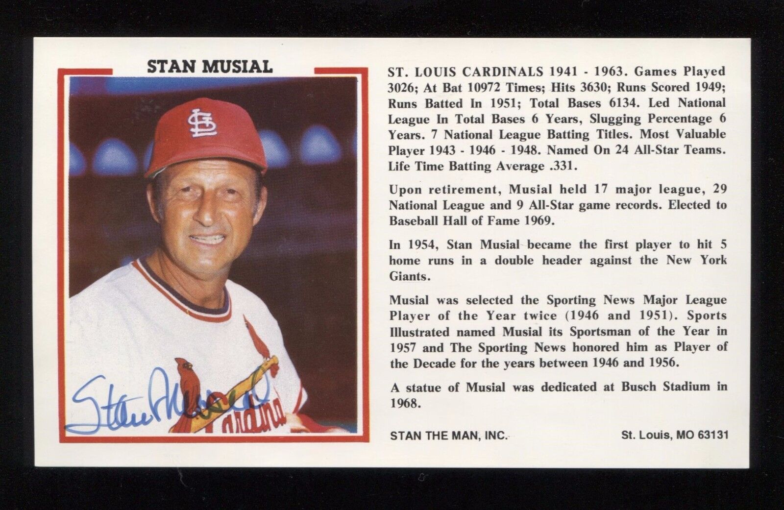 Stan Musial Signed Postcard Autographed Photo Poster painting Postcard Baseball Hall of Fame