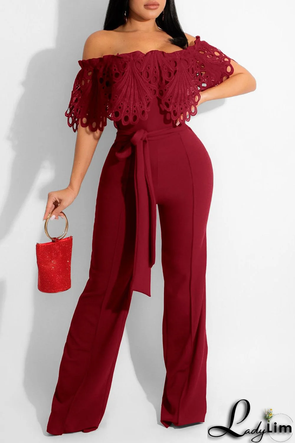 Burgundy Fashion Casual Solid Split Joint Off the Shoulder Regular Jumpsuits