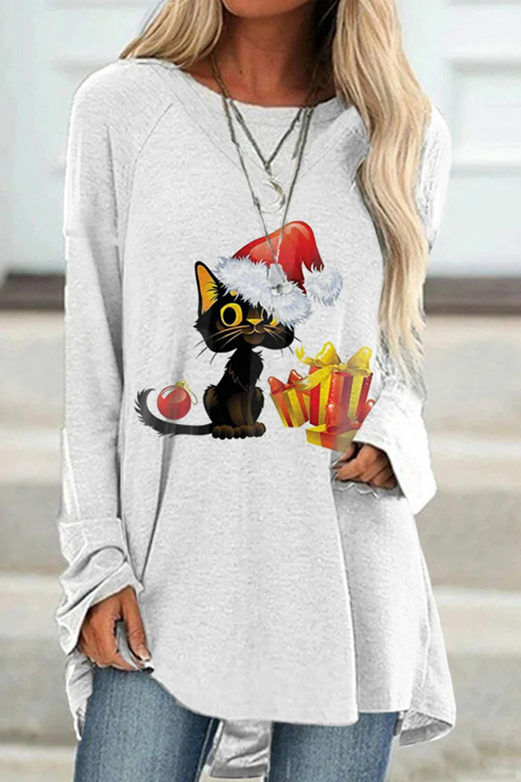 Simple Christmas Cat Print Long Sleeve Tunic
