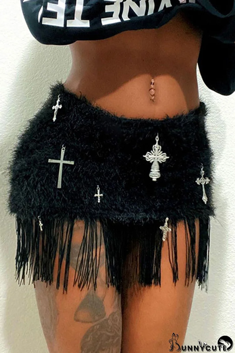 Black Sexy Street Solid Tassel Patchwork Metal Accessories Decoration Regular Low Waist Pencil Solid Color Bottoms