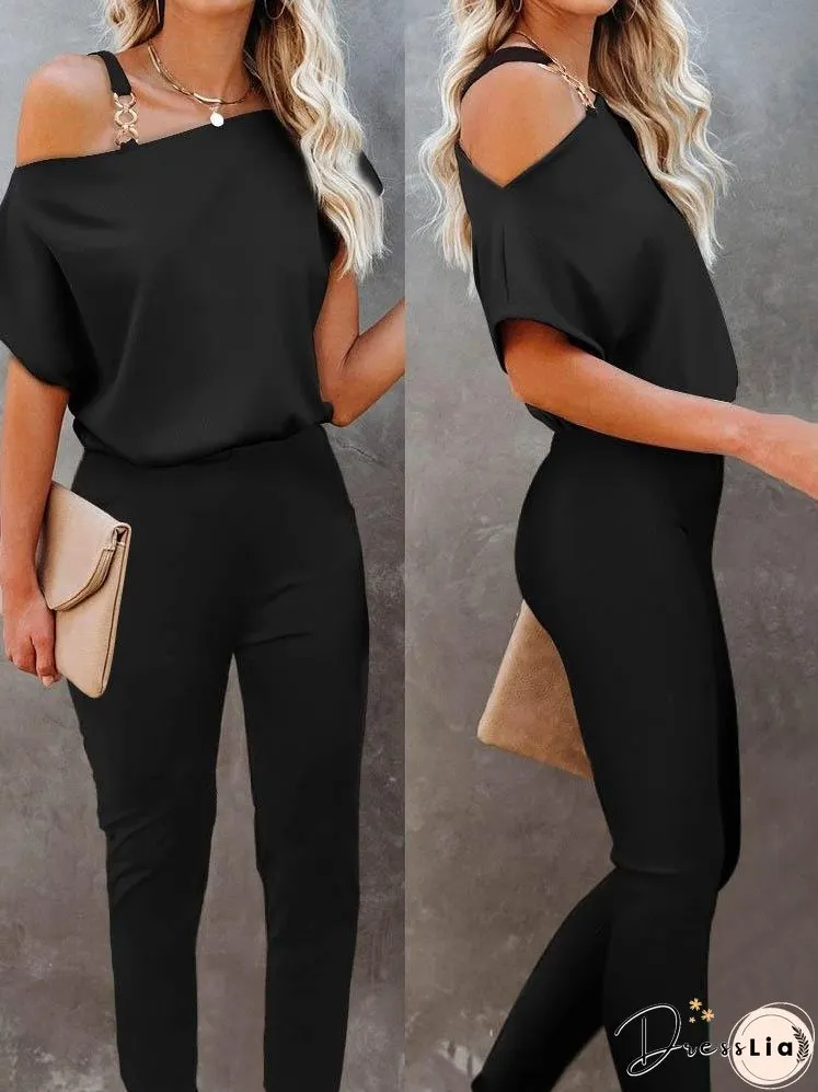 One Shoulder Chain Strap Short Sleeve Jumpsuit for Women