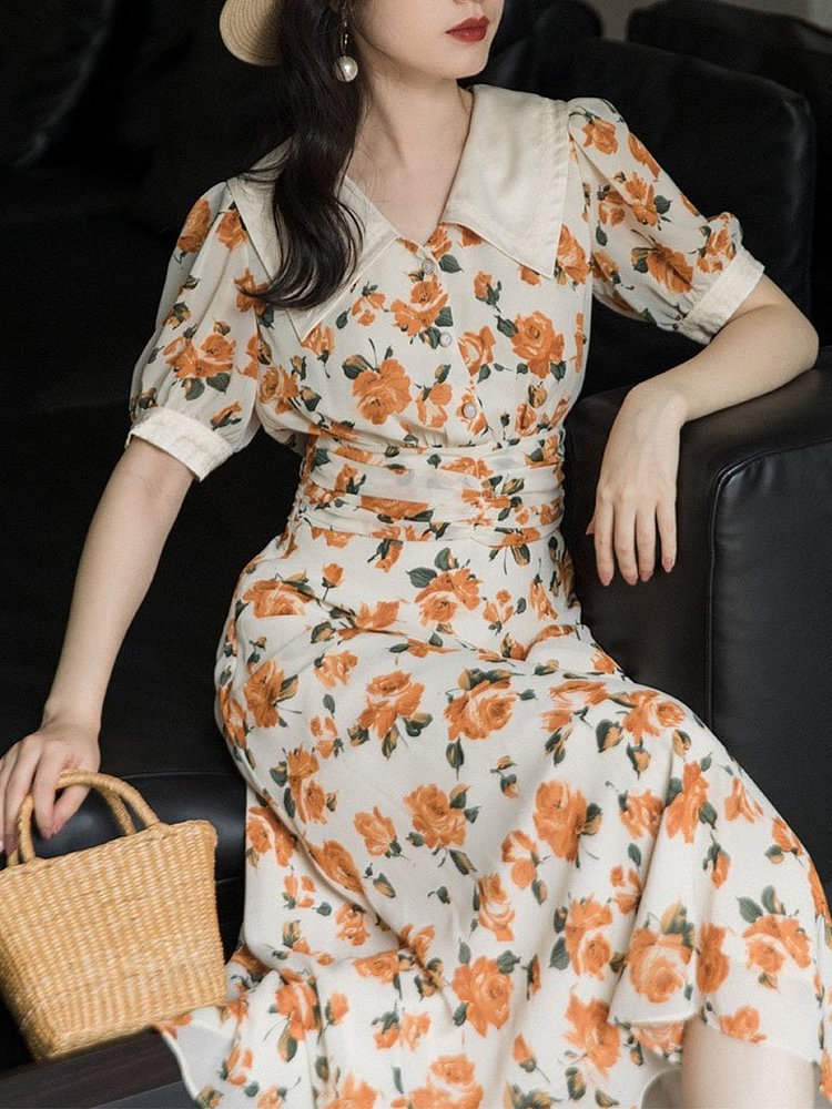 Mayoulove Orange Rose Chelsea Collar Puff Sleeve 1940S Dress-Mayoulove