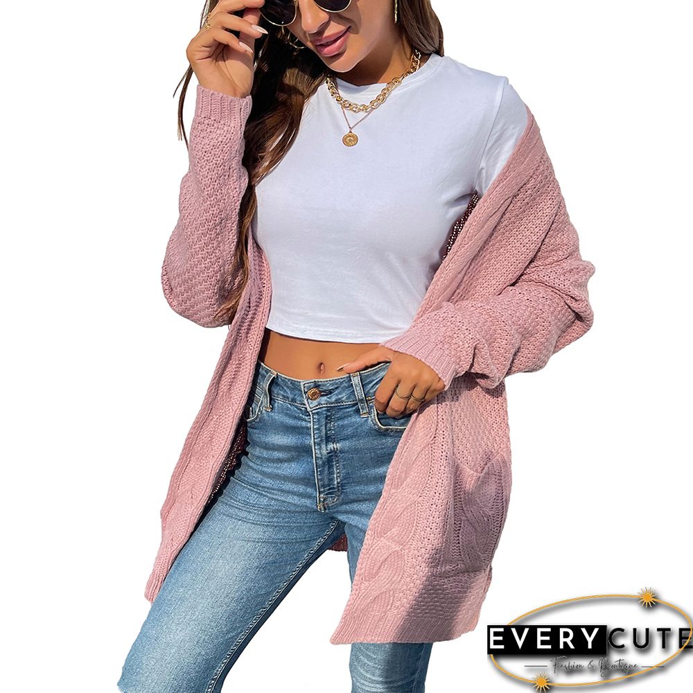 Pink Cable Knit Long Cardigan with Pocket