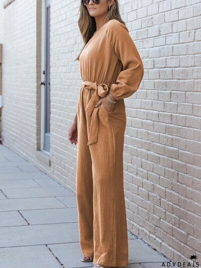 Texture Single Shoulder Tie-Waist Jumpsuit
