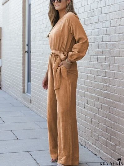 Texture Single Shoulder Tie-Waist Jumpsuit