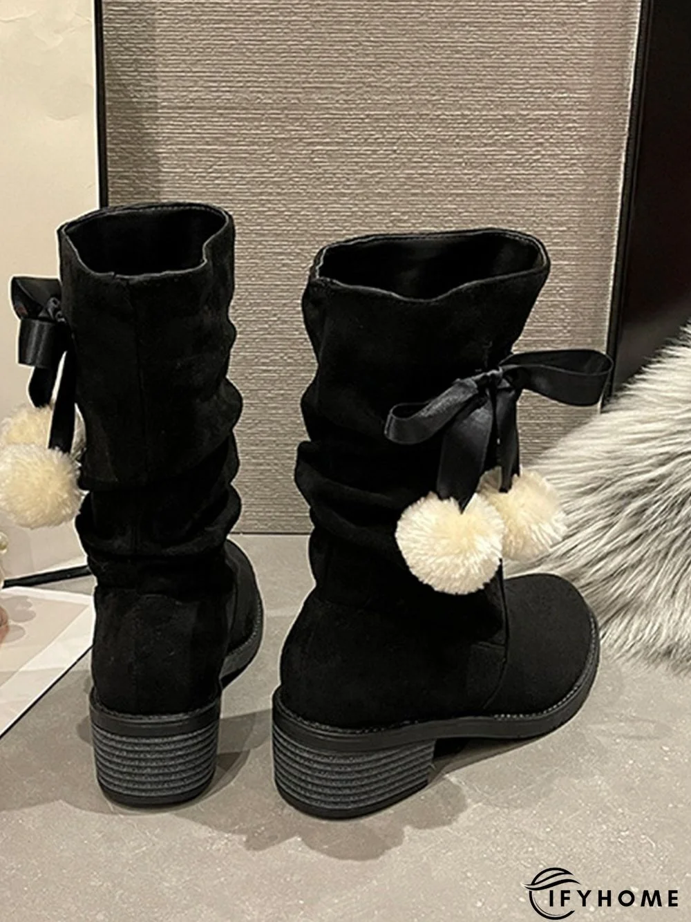Christmas Pompom Decor Faux Suede Slouchy Boots | IFYHOME