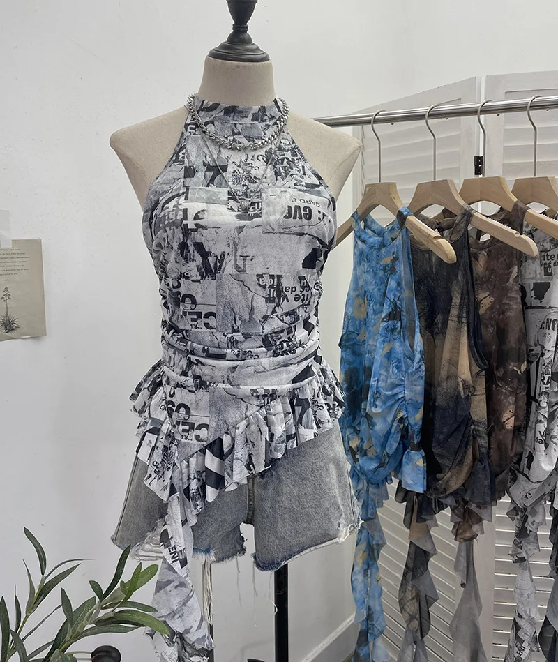 Uveng Trend Irregular Hanging Neck Dyeing Net Yarn Vest Lotus Side Ribbon Short Sleeveless Top 9969