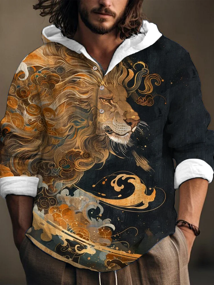 Japanese Art Lion Print Linen Hooded Long Sleeve Shirt
